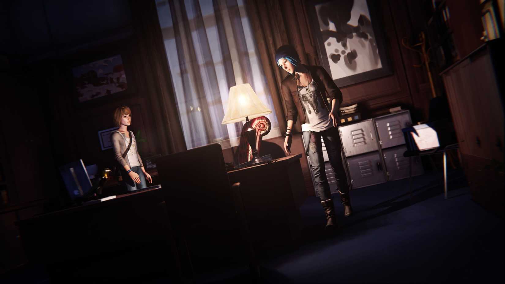 An image from 2015's Life is Strange. Max and Chloe are in the principal's office, in the dark, rummaging through his desk.