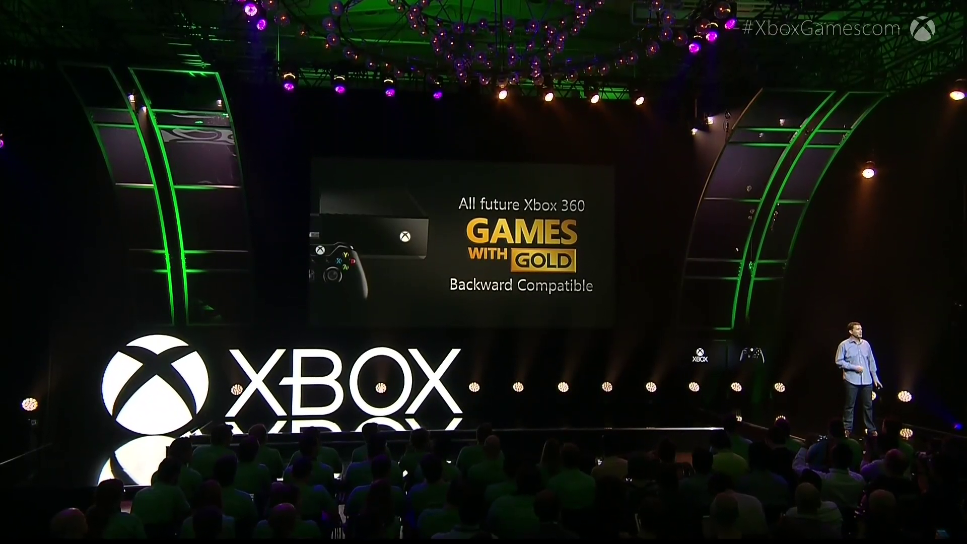Microsoft’s Xbox stage presentation at Gamescom in 2015, with the Games With Gold logo on a screen
