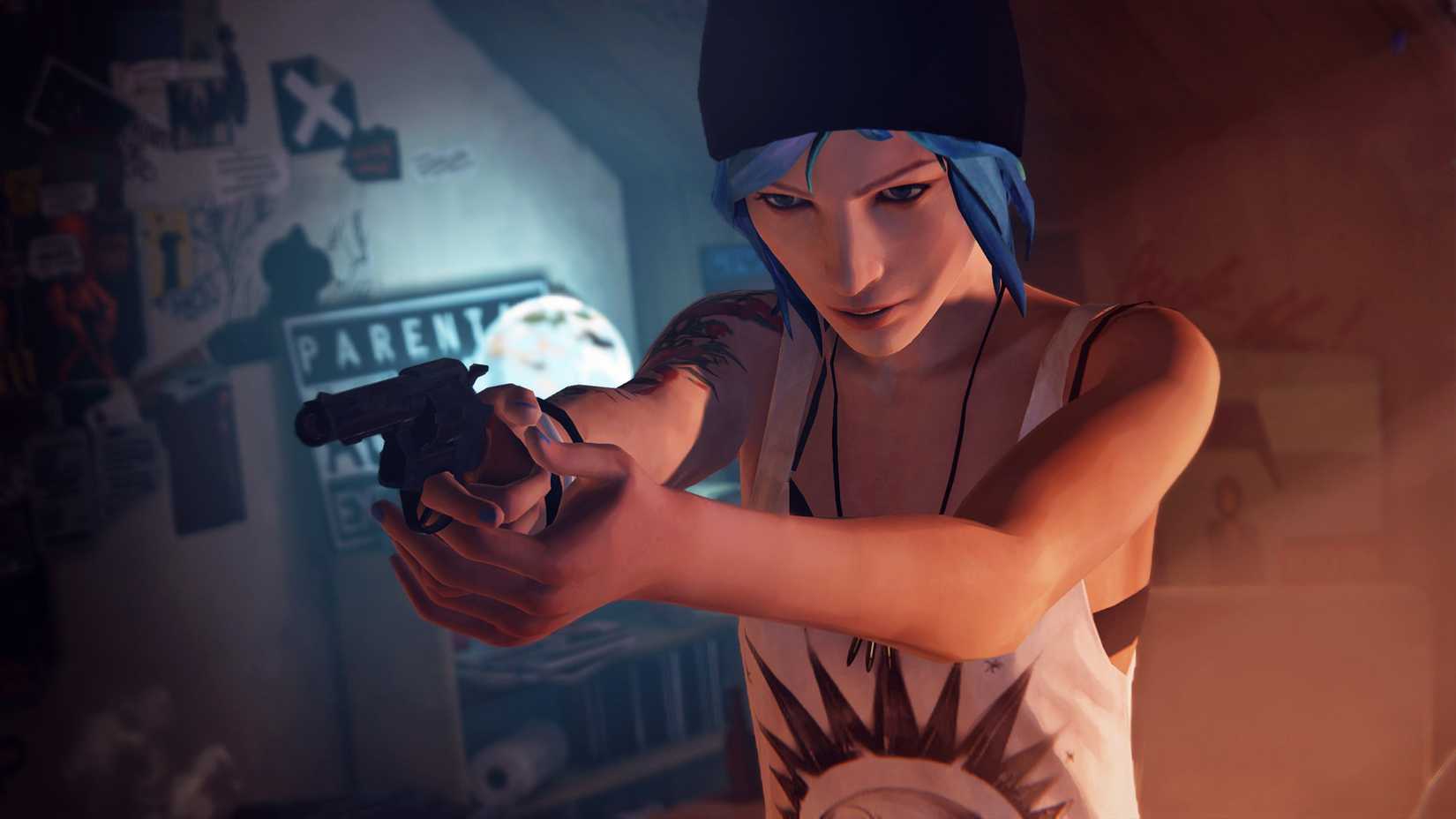 Image from Life is Strange 2015. Chloe, wearing a beanie, holds a gun and pretends to shoot.