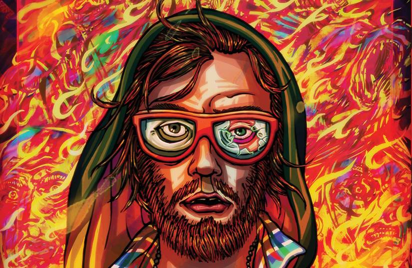 artwork from Hotline Miami 2 of a bearded man wearing glasses with red frames on a fiery background