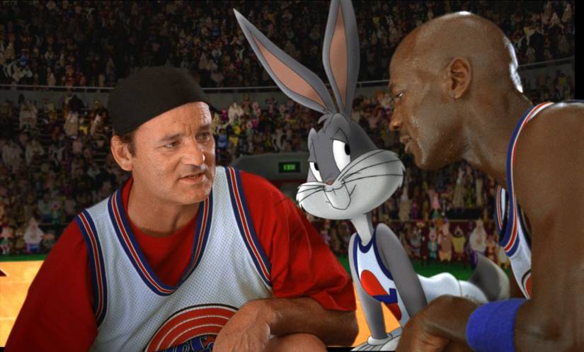 Bill Murray, Bugs Bunny, and Michael Jordan on the court in Space Jam