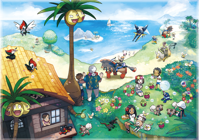 Pokémon relaxing on an Alolan beach in Sun and Moon artwork.