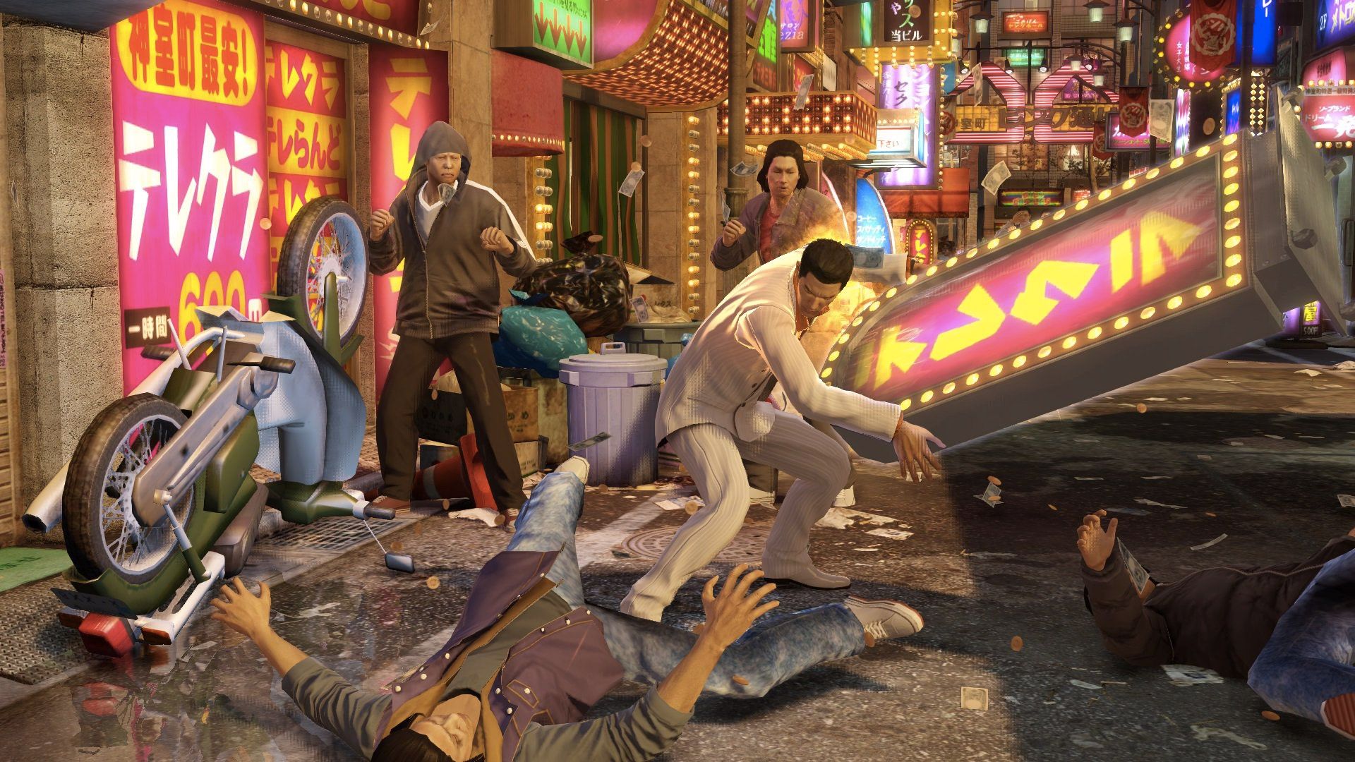 Yakuza 0 - Kiryu beating someone up with a store sign