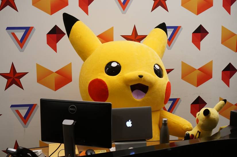 A giant Pikachu joins the staff of Polygon for a day