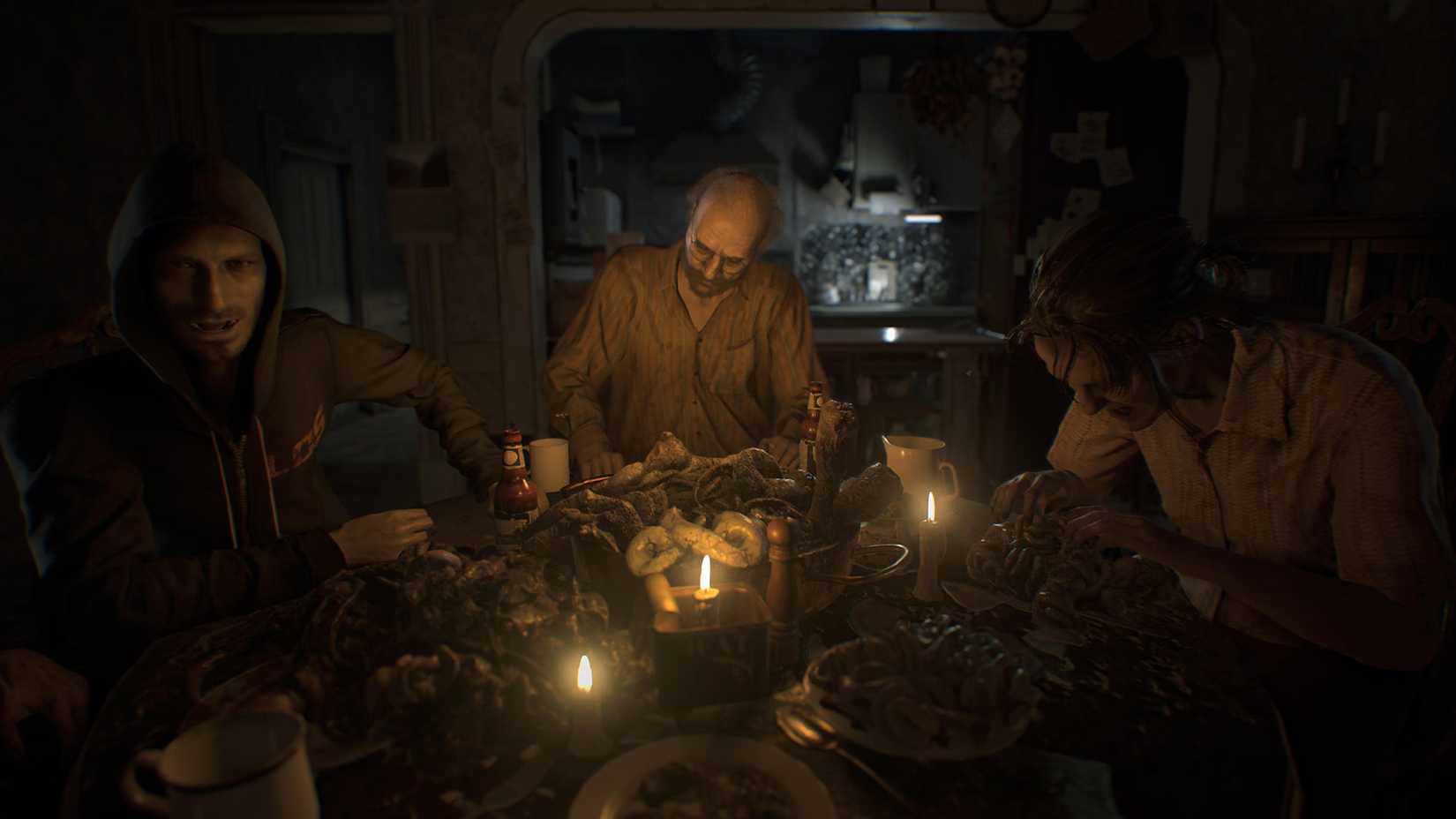 In this Resident Evil 7 screenshot, the player character is at a table. Seated around him are members of the evil family that has kidnapped him, including Jack, Marguerite and Lucas. The table in front of them is full of disgusting looking food in the for