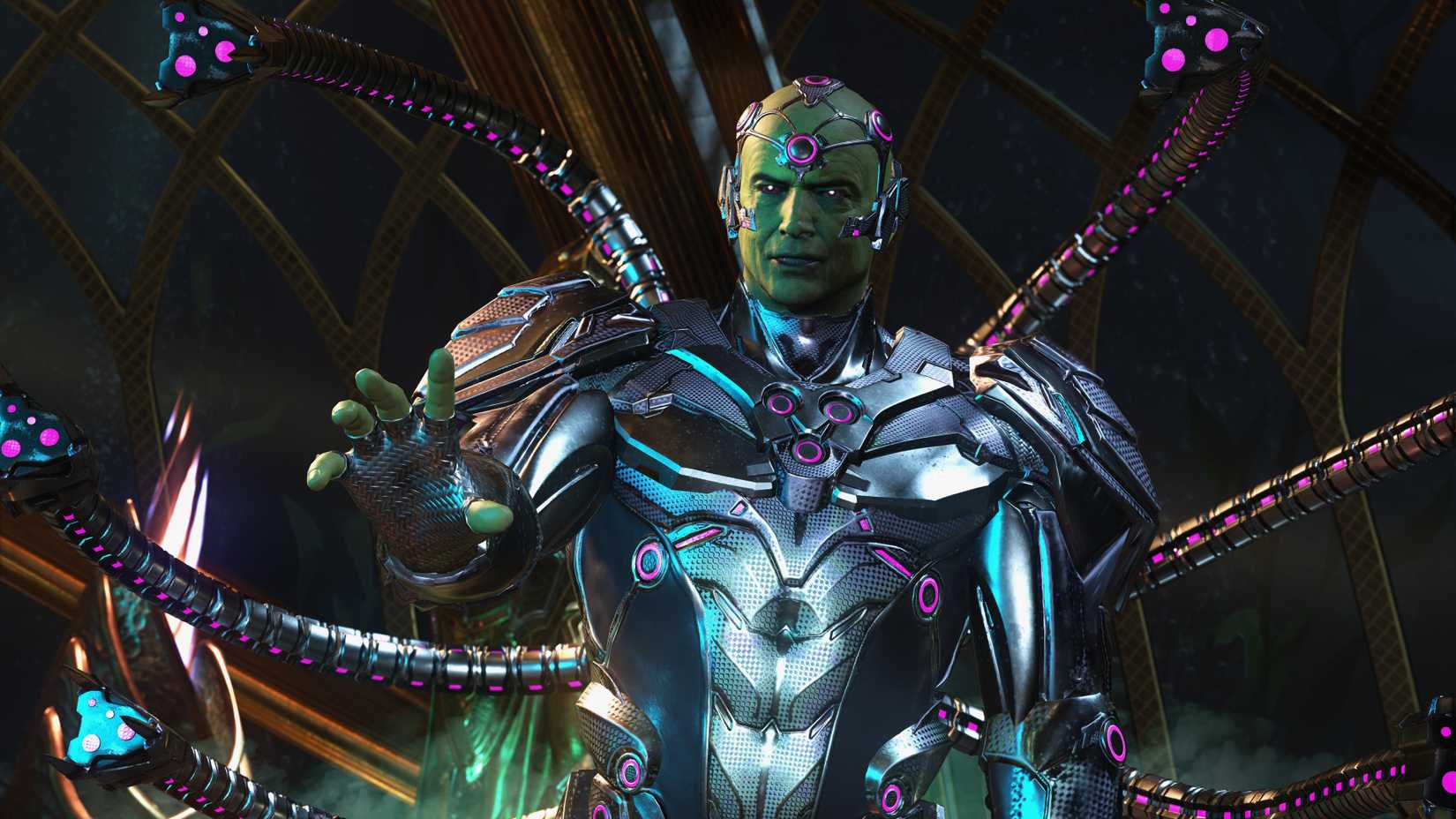 Brainiac ready for battle in the fighting game Injustice 2