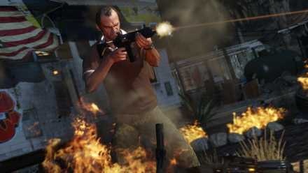 Grand Theft Auto 5 - Trevor firing submachine gun