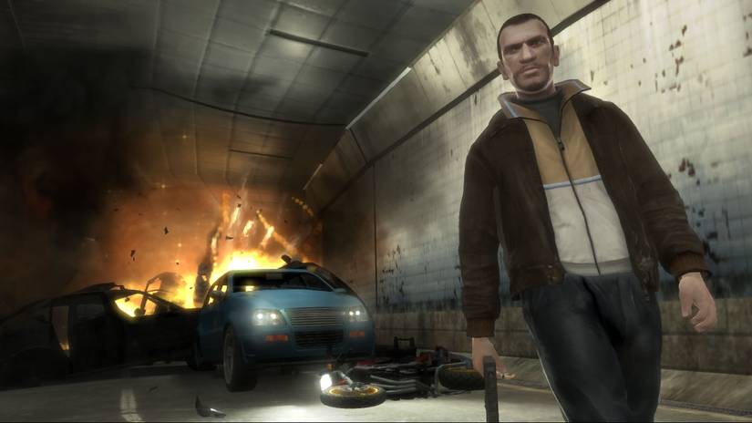 Niko Bellic blows up a car in the video game, Grand Theft Auto 4
