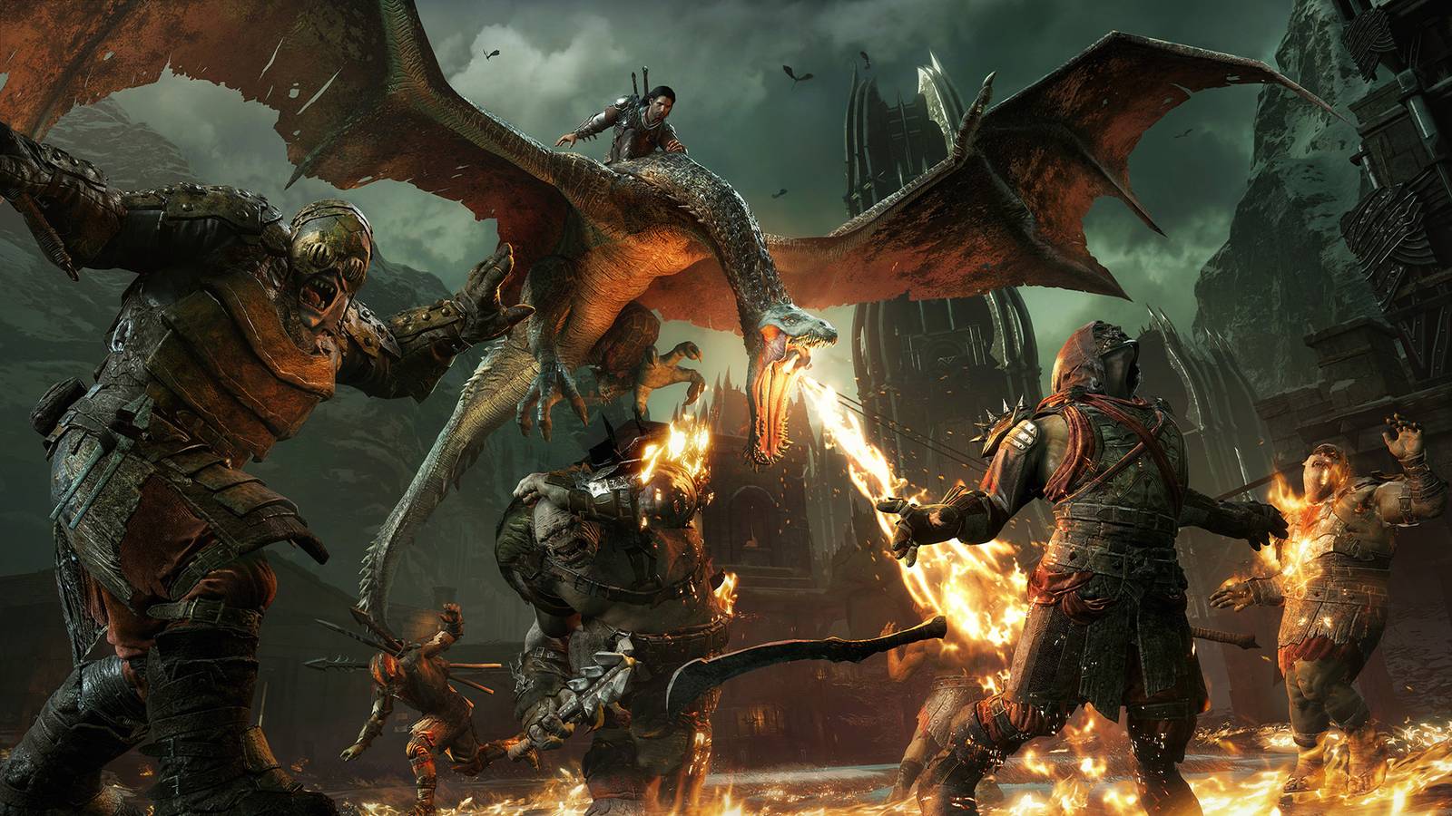  Shadow of War a fire-breathing dragon attacks
