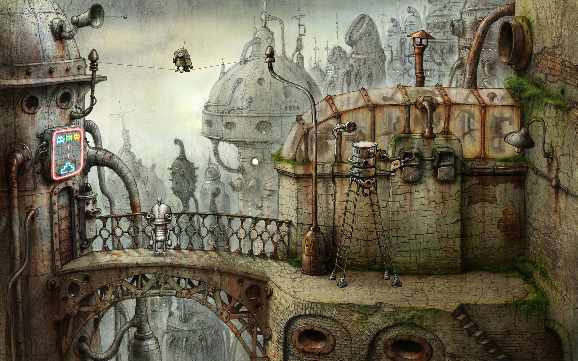 Machinarium - parrot on power line above bridge
