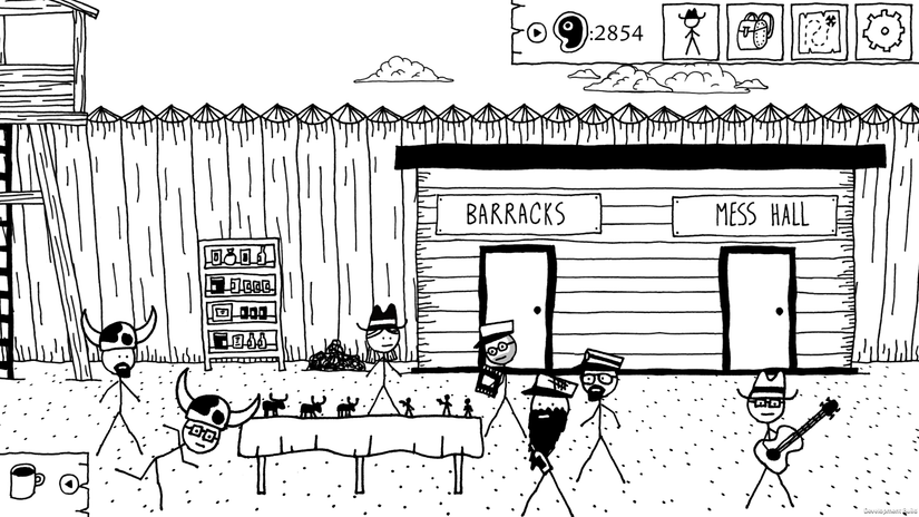 This screenshot from West of Loathing features seven stick figure characters standing in front of two doors labeled “Barracks” and “Mess Hall.” A table is set up in front of several of the figures, covered in small figurines. One of the stick figures hold