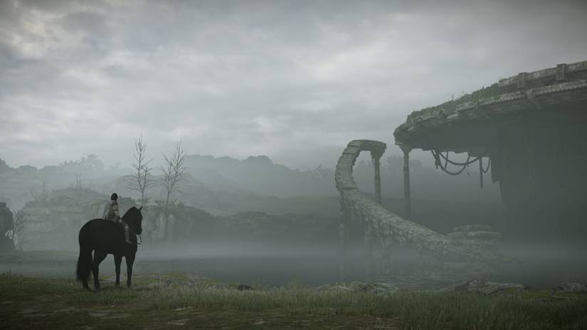 Shadow of the Colossus - Wander and Agro looking at the destroyed bridge