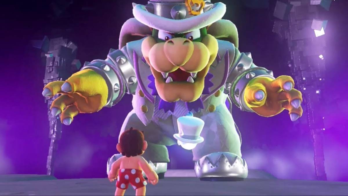 Mario stands in front of Bowser wearing a hat and suit