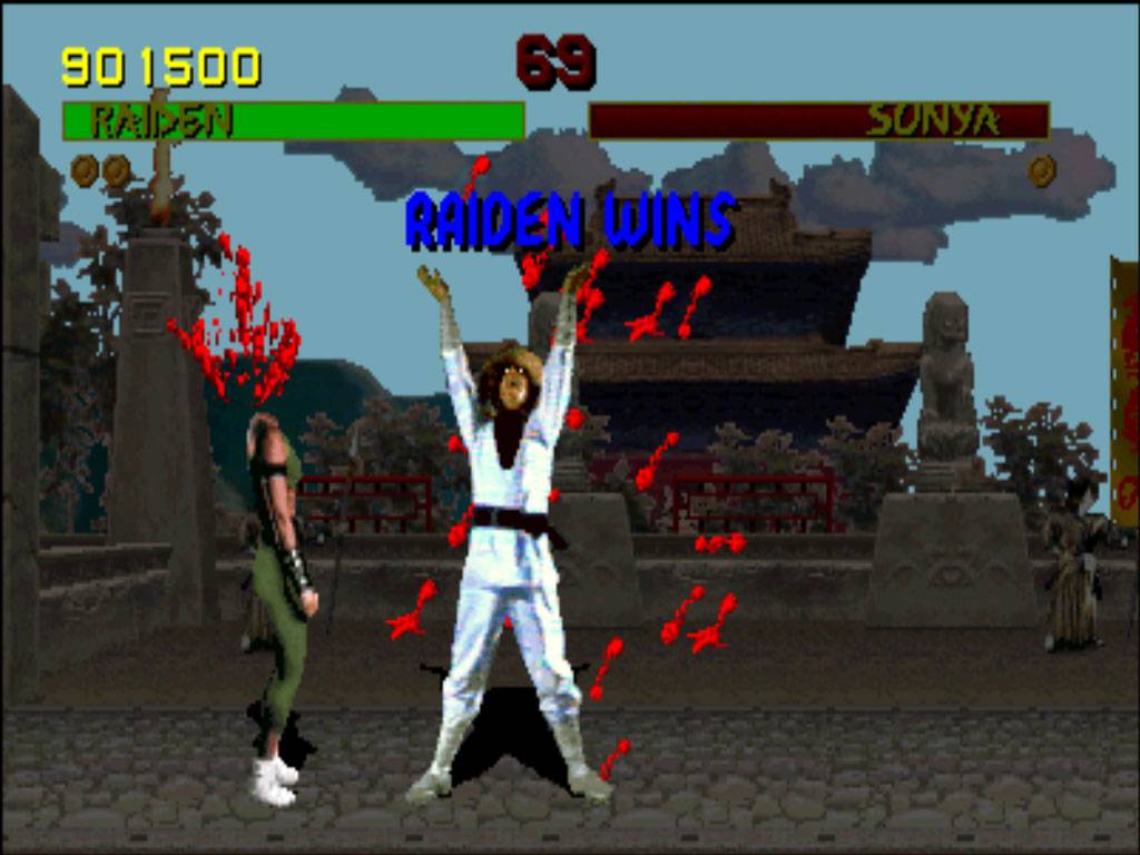 Raiden performs a fatality in Mortal Kombat.