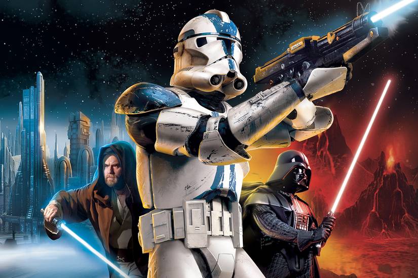 Battlefront 2 (2005) box art with Obi-Wan Kenobi, a stormtrooper and Darth Vader