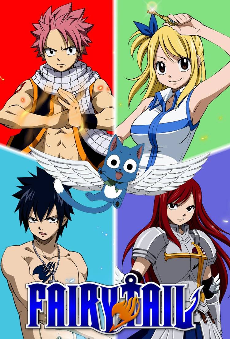 A promotional image for the Fairy Tail anime featuring Natsu, Lucy, Ezra, and Gray