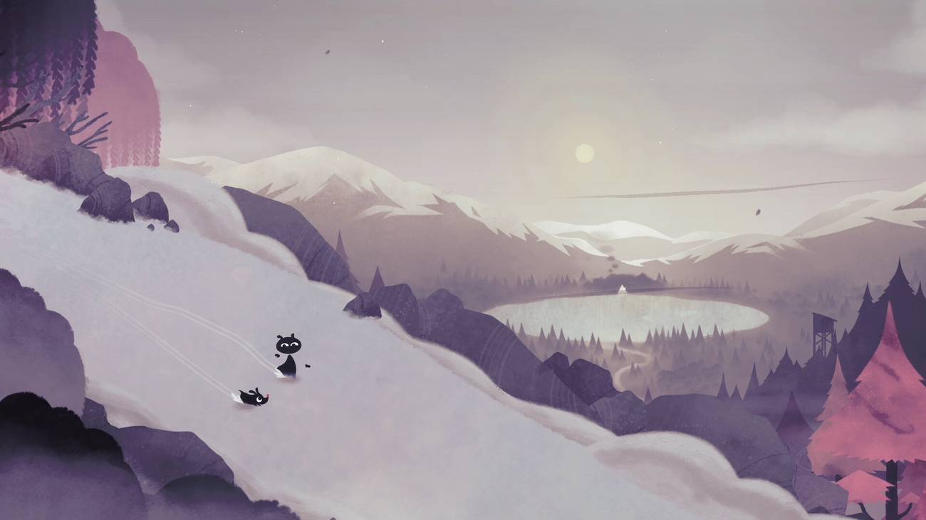 A shadow person and shadow dog descend a snowy mountainside in Koira