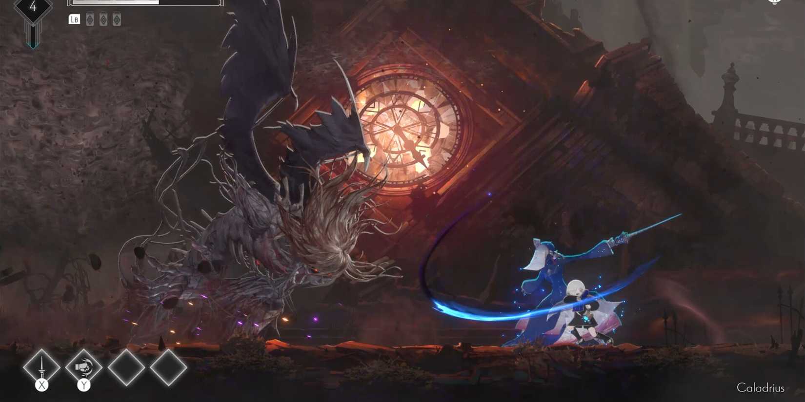 A character fights a winged boss in Ender Magnolia: Bloom in the Mist.