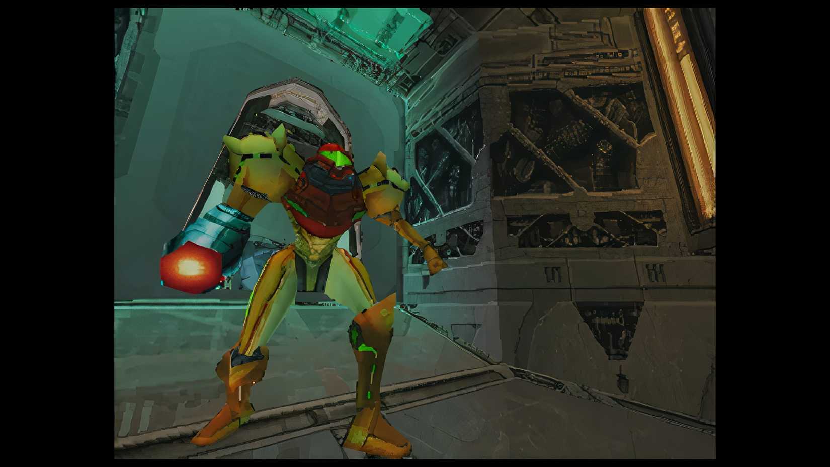 Samus stands in a corridor in Metroid Prime: Hunters.