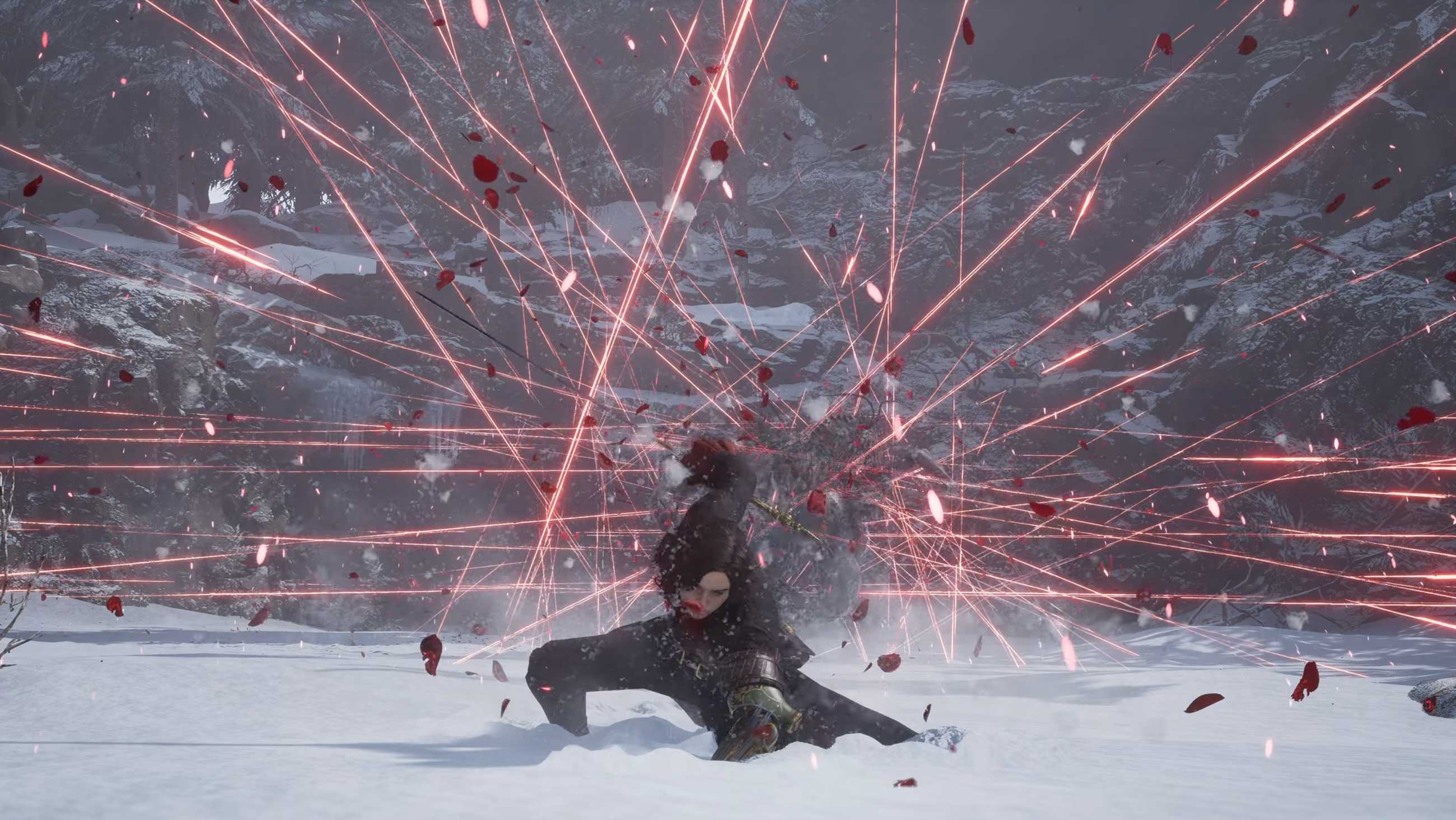 P crouches in snow surrounded by red ballistic traces in Lies of P: Overture