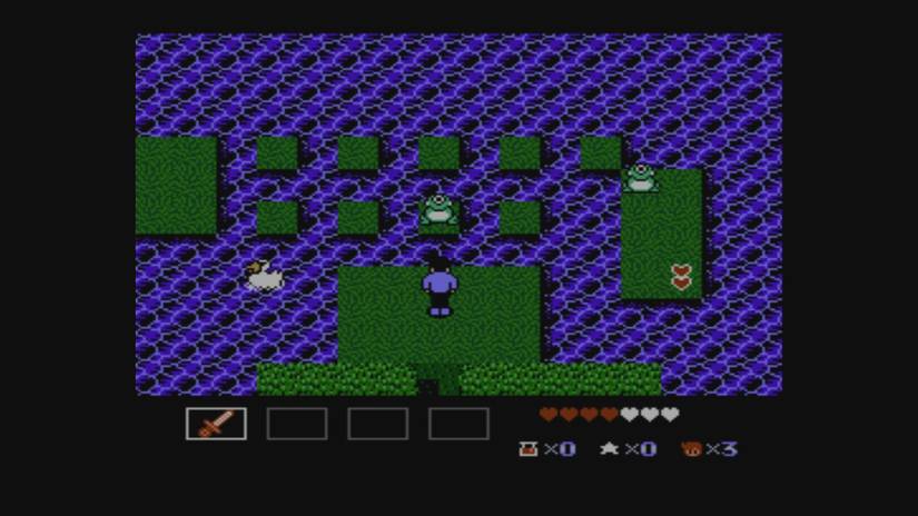 Mike Jones stands in a water-logged room, facing ledges with frogs and hearts.