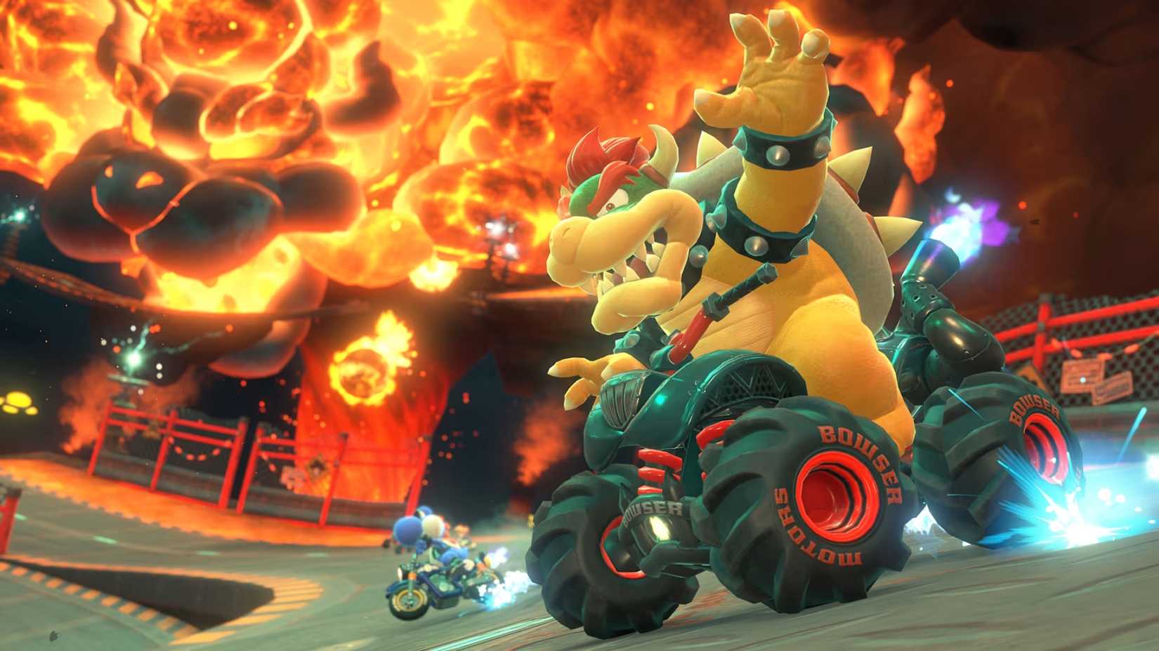 Bowser gestures under a flaming sky in Mario Kart World