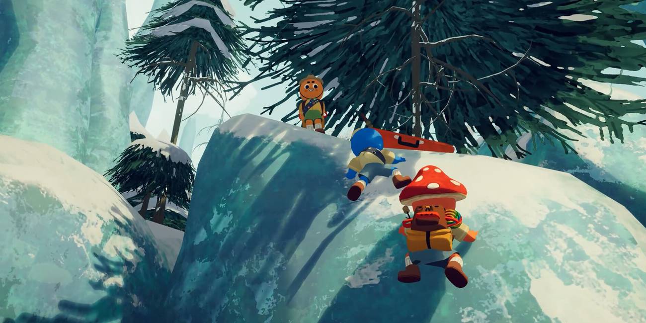 Cartoon characters clamber on a mountainside in Peak