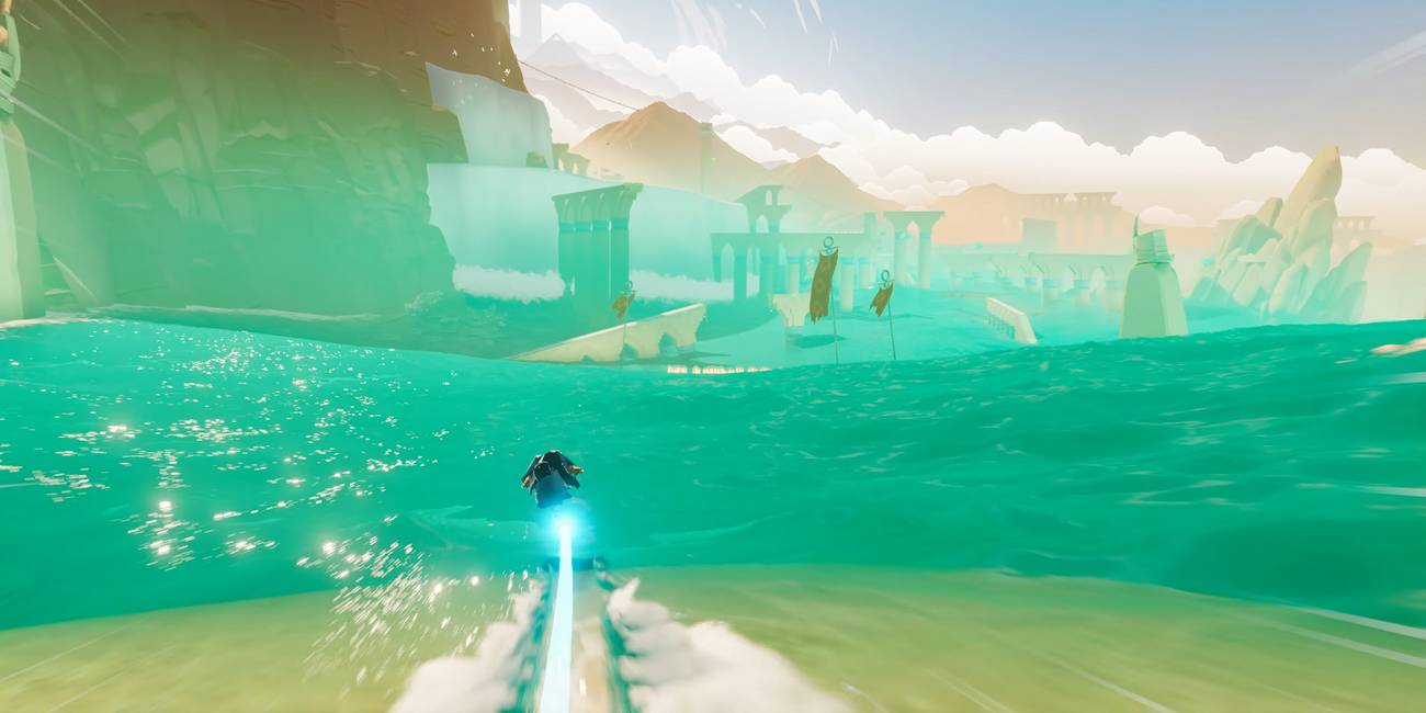 A surfer glides across a beautiful pastel landscape in Sword of the Sea