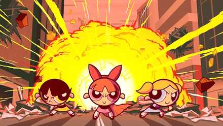 The Powerpuff Girls heroically posing in front of an explosion