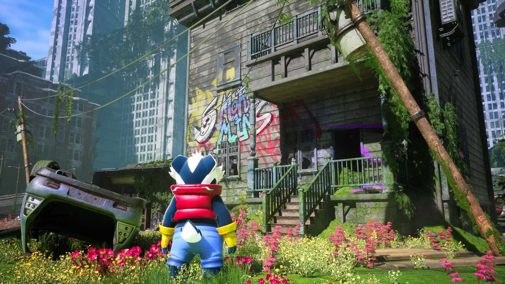 Bradley the Badger stares at a building covered in graffiti