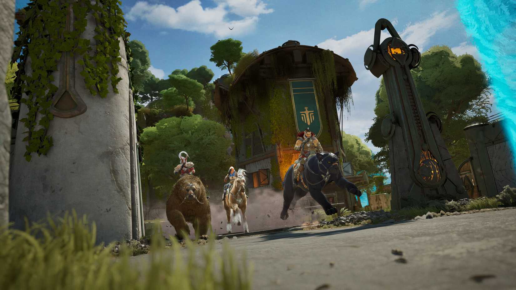 Players riding on animal mounts in a screenshot from Highguard