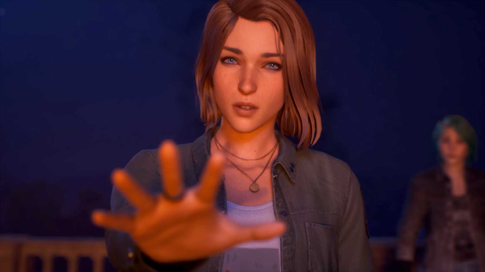 An image from Life is Strange Reunion. It shows Max Caulfield reaching out with her hand among a dark blue background.