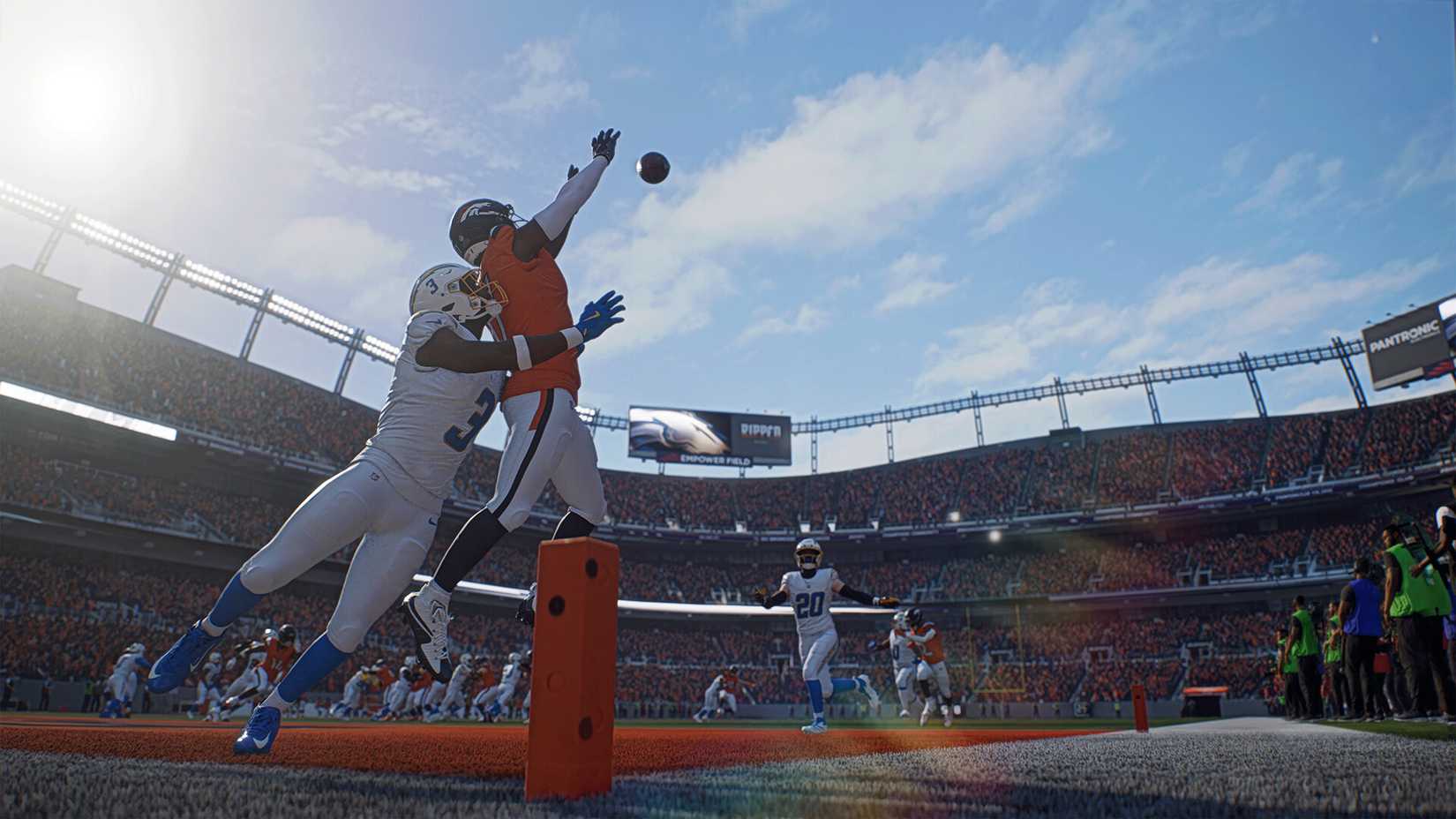 Madden NFL 27 image showing a Broncos receiver going for a pass in the End Zone while a Chargers DB defends it